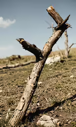 an old log is stuck on the ground