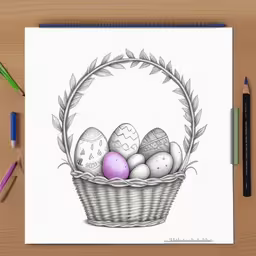 some colored eggs in a basket with a pen,a drawing of easter eggs in a basket