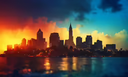 a city view as it appears to be reflected in the water