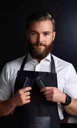 a man with a beard and a watch is standing in front of a black background holding two items