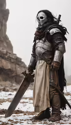 a male in an elaborately decorated suit holds two swords in front of a snowy mountain backdrop