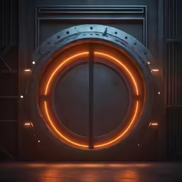 an open door has a neon circle inside of it
