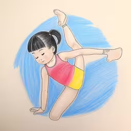 an asian girl is performing gymnastics in front of a blue circle,an artistic colored drawing of a woman with her arms bent up, she is leaning forward and is touching the floor