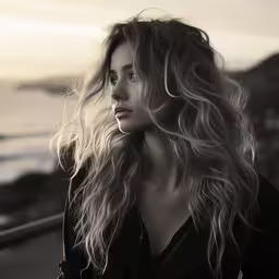 a beautiful woman with blonde hair leaning against a wall near the water,a woman that is standing near the ocean