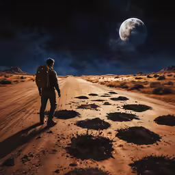 a man walking on the sand towards a full moon