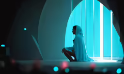 a woman is looking out of a doorway
