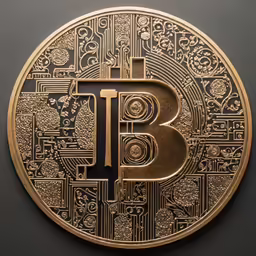 a black and gold coin with a letter t on it
