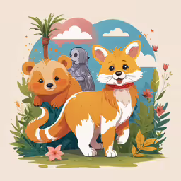 an animal illustration of a fox and bear,two brown animals standing next to each other on a green field