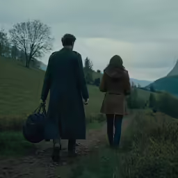 a man and a woman in coats are walking down a dirt path