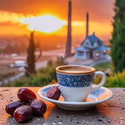 a coffee cup on a saucer with some olives nearby