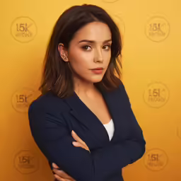 a woman wearing a black jacket with her arms folded next to her chest