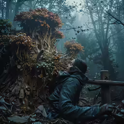 a man is sitting on the ground and looking at something while a forest stands behind him