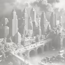 a black and white photo of a city street and bridge