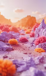 a purple hill surrounded by purple rocks and yellow flowers