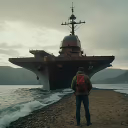 a man with a backpack is standing by the water next to a large ship