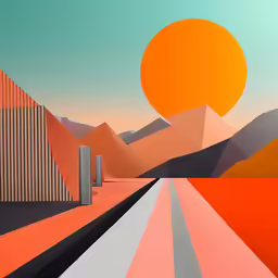abstract painting with colorful shapes with a blue sky