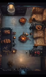 an aerial view of a living room with coffee and bread on the table