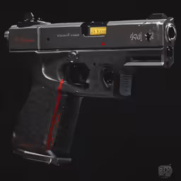 a custom glock model that has red tape and is the grips pointing up