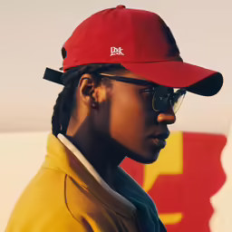 a young person wearing a yellow hoodie and a red hat