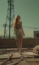 the woman walks on the railroad tracks