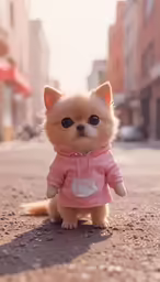 small dog in a pink outfit on a city street