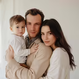 two women and a man are holding a young boy