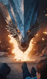 the poster for game of thrones features a fiery dragon head, and it looks to be from the front