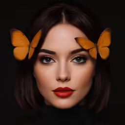 the woman is wearing three yellow butterfly heads