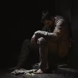 a person sitting down in a dark area