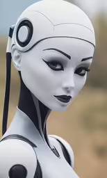 a white female robot has round eyes and black and white details