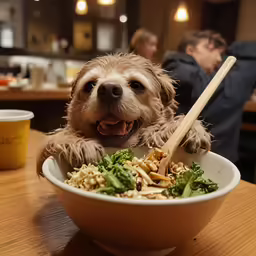 a dog is eating a lot of food on the table