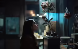 a woman looking at flowers inside a store