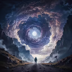 a person stands at an opening on a path leading into a large mountain