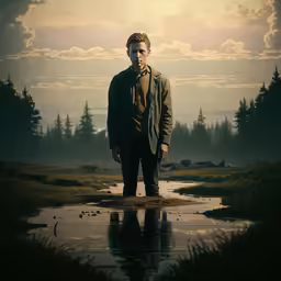 man standing alone near a puddle looking out into distance