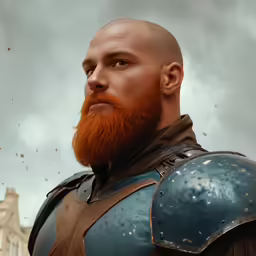 a bearded man with a red beard stands in front of a cloudy sky