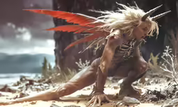 a fantasy picture of an animal woman with big red wings