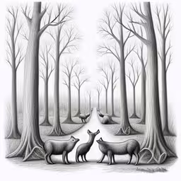 several animals stand near trees with the ground