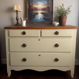 an old dresser is being used as a nightstand