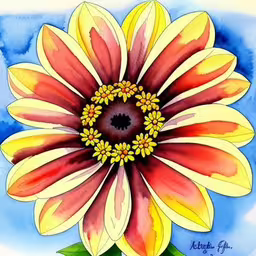 this is an art project, watercolor and ink,a painting of a red and yellow flower,a painting of a red and yellow flower,a painting of a pink and yellow flower,a painting of a large flower with watercolors