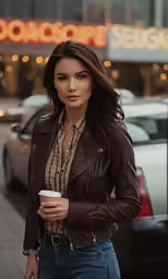 the woman in the leather jacket is holding a cup