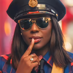 a female airliner in her hat and uniform holding up the finger to her lips