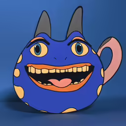 an odd looking blue toy with horns and eyes