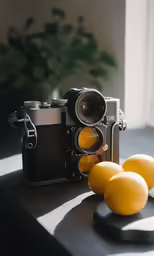 there is some lemons sitting near an old fashioned camera