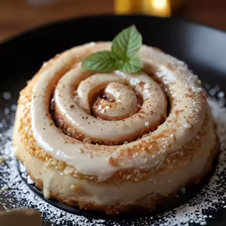 a pastry with white icing on it sitting on a plate