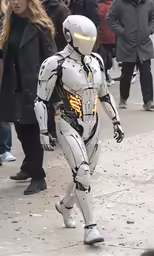 a white robot with an led back and lights on walking in the street