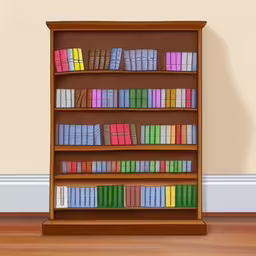 a wooden shelf full of books filled with lots of colorful books,cartoon illustration of bookshelf in empty room with red carpet,this is a book case made of books with colorful bookshelves,a book shelf with many different colored books,a bookshelf made out of wood, and filled with colored binders