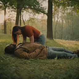two people laying on the ground in front of a forest