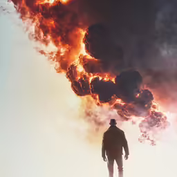 a man looks at an explosion that is in the sky