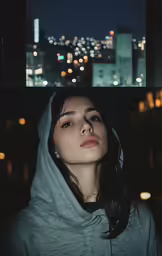 the young girl looks into the distance in front of a city view