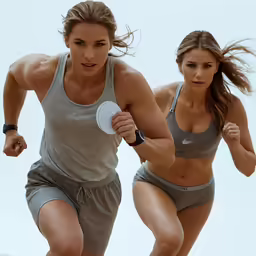 two women running, one wearing a sports bra and the other in gray